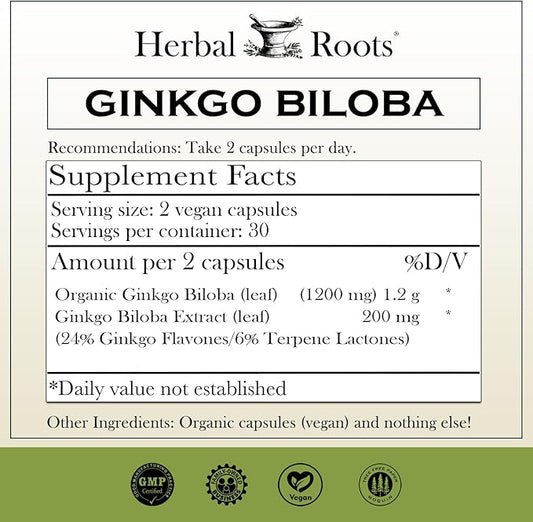 Herbal Roots Ginkgo Biloba Made 1,400mg per 60 Vegan