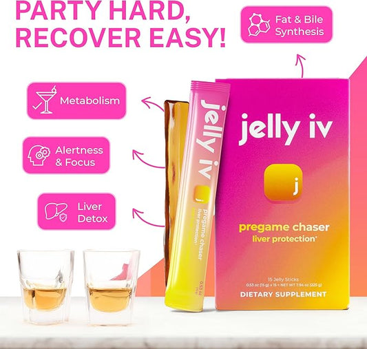JellyIV Pregame Chaser for Morning Recovery, Plant-Based Instant Hydration Packets with Liver Protection | 15-Count Pack