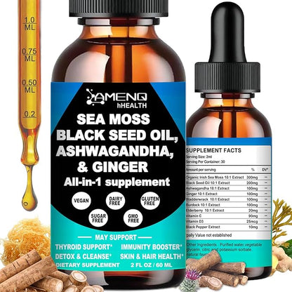 Sea Moss Black Seed Oil Ashwagandha Ginger, Multi-Mineral Sea Moss 3000mg Liquid Drops Extract, 4X Stronger Than Pills & Capsules, Vegan Superfood for Immunity, Joint & Thyroid Health