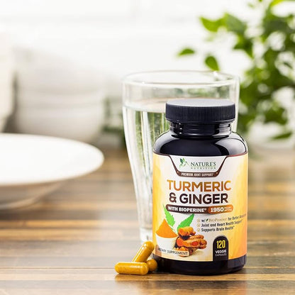 Turmeric Curcumin Supplement 1950mg with Organic Turmeric & Ginger, 95% Curcuminoids, BioPerine Black Pepper for Best Absorption, Nature's Vegan Joint Support, Non-GMO, Bottled in USA - 120 Capsules