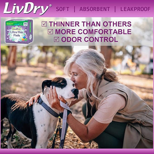LivDry Incontinence Ultra Thin Pads for Women 16-Count)