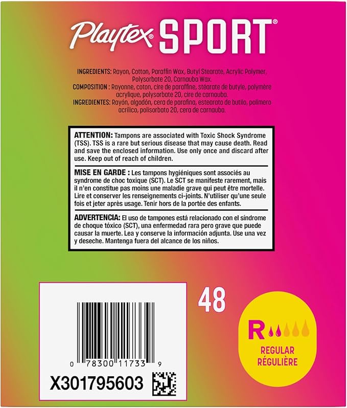 Playtex Sport Tampons, Regular Absorbency, Fragrance-Free 48ct (Packaging