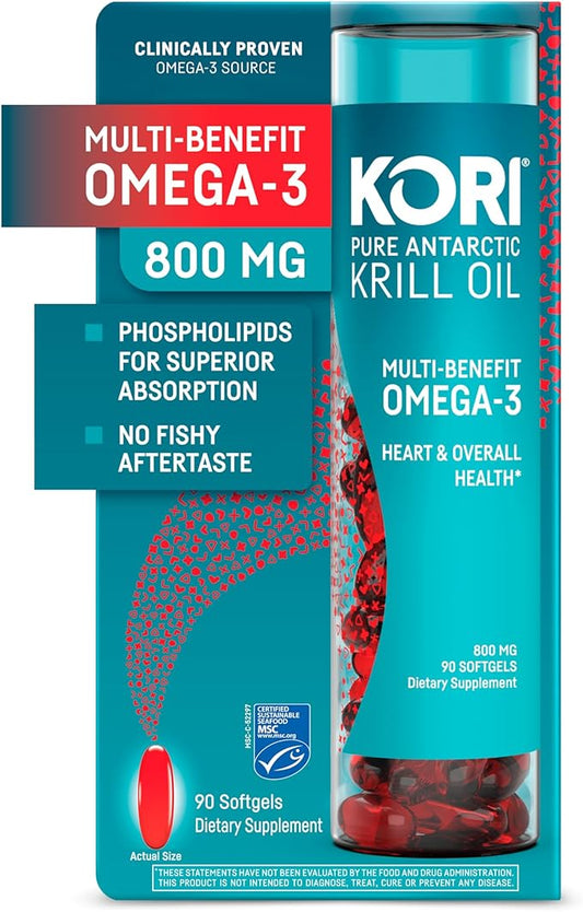 Kori Krill Antarctic Krill Oil Omega 3 Supplement, 800 mg, 90 softgels