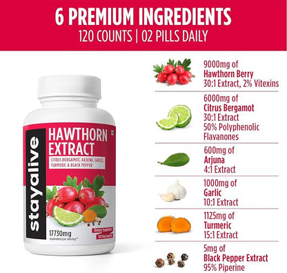 STAY ALIVE Hawthorn Berry Capsules 9000mg, 6000mg, Garlic 1000mg, Turmeric 1125mg, Arjuna 600mg & 120 Vegan
