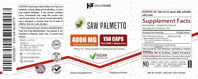 Saw Palmetto Extract 400mg (4,000mg Equivalent), 150 Capsules | Traditional Herb Supplement | Gluten-Free