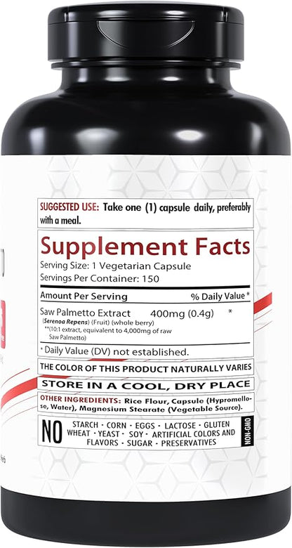 Saw Palmetto Extract 400mg (4,000mg Equivalent), 150 Capsules | Traditional Herb Supplement | Gluten-Free