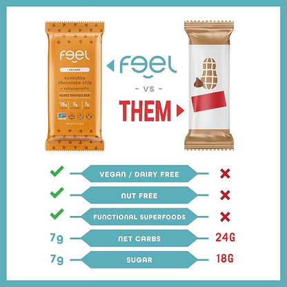 Feel Vegan Protein Bars | Sunbutta Chocolate Chip | Keto | Gluten Free | Organic | Ashwagandha | 15g Plant Protein | Low Carb | High Protein | Dairy Free | Low Sugar | Grain Free | Nut Free | Soy Free | Non GMO - (Sunbutta Choco Chip, 10 Pack)