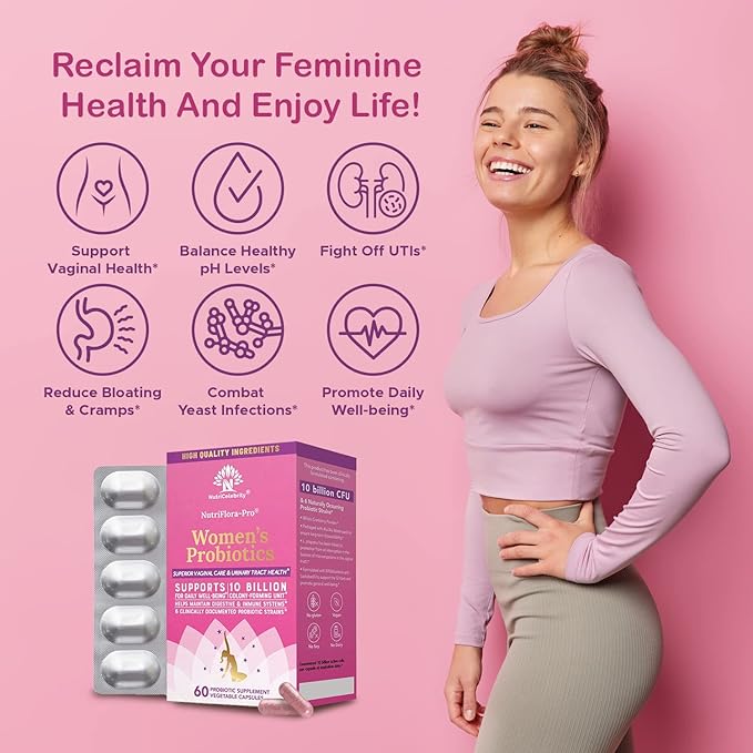 Nutricelebrity NutriFlora-Pro Probiotics for Women - Support Vaginal, Urinary Health (UTI), Digestive System, Period Pain, Yeast, and BV Relief, Cranberry Pills, 10 Billion CFU 6 Strains (60 Caps)