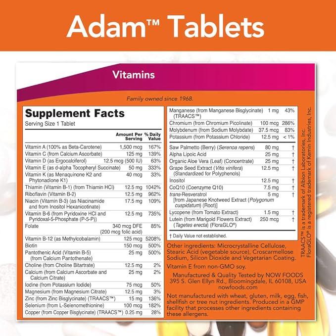 NOW Foods Supplements, ADAM™ Men's Multivitamin with Saw Palmetto, Lycopene, Alpha Lipoic Acid and CoQ10, Plus Natural Resveratrol & Grape Seed Extract, 120 Tablets