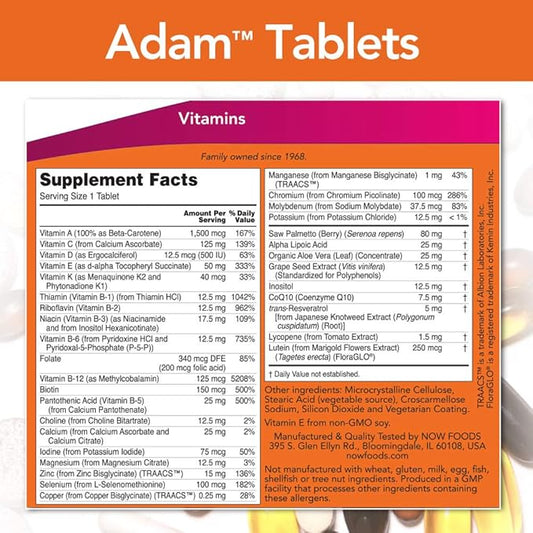 NOW Foods Supplements, ADAM™ Men's Multivitamin with Saw Palmetto, Lycopene, Alpha Lipoic Acid and CoQ10, Plus Natural Resveratrol & Grape Seed Extract, 120 Tablets
