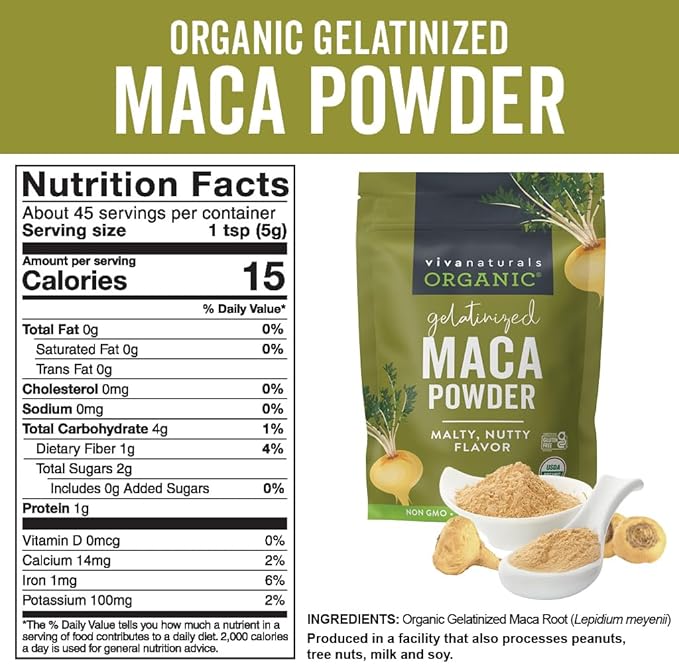 Viva Naturals Organic Maca Powder - Gelatinized Maca Powder Organic, Vegan and Kosher Peruvian Superfood - Certified USDA Organic, Gluten-Free & Non-GMO, 8 oz Resealable Bag