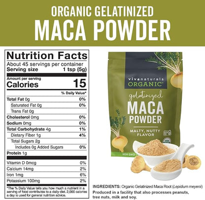 Viva Naturals Organic Maca Powder - Gelatinized Maca Powder Organic, Vegan and Kosher Peruvian Superfood - Certified USDA Organic, Gluten-Free & Non-GMO, 8 oz Resealable Bag