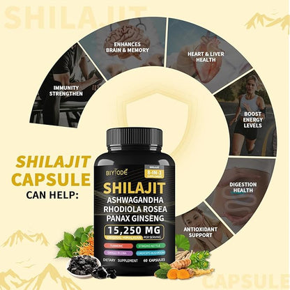 Shilajit Capsules Himalayan 8-in-1 Concentrated, 15250mg 60 Caps, 30 Day