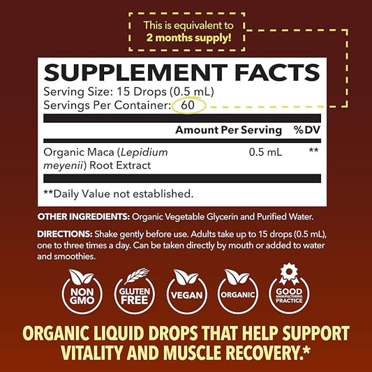Organic Maca Root Drops Liquid - Supports Endurance, Mood, and Performance in Men & Women - Black Maca to Promote Overall Health & Support Fertility - Alcohol Free, Non-GMO, Vegan, Unflavored, 30mL