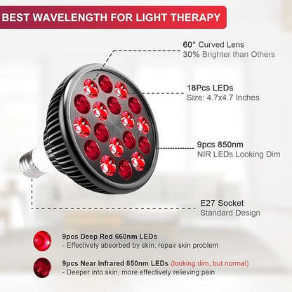 Wolezek Red Light Therapy with Stand 18 LEDs 660nm Red 850nm Near-Infrared 15"-61" Adjustable