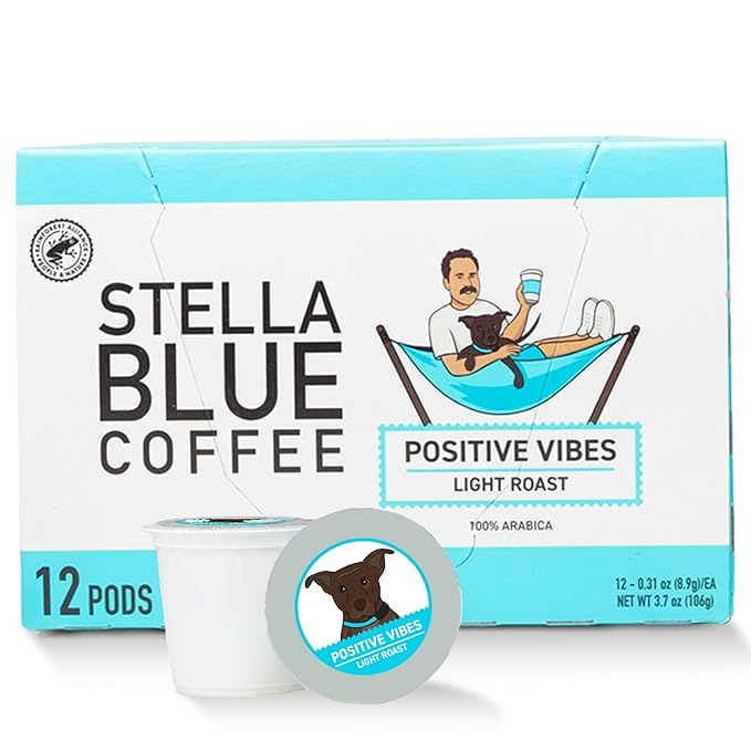 STELLA BLUE Fresh K Cup Coffee Pods | Positive Vibes Blend | 100% Arabica LIGHT Roast | Ethically & Sustainably Sourced from Central America | Helps Support PAWS Chicago | 12 Single Serve Pods
