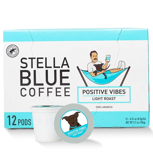 STELLA BLUE Fresh K Cup Coffee Pods | Positive Vibes Blend | 100% Arabica LIGHT Roast | Ethically & Sustainably Sourced from Central America | Helps Support PAWS Chicago | 12 Single Serve Pods