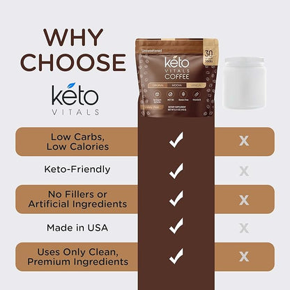 Keto Vitals Instant Keto Coffee Powder - Low-Calorie Unsweetened Instant Coffee Packets, Single Serve - Keto Coffee Instant Mix in Original, Vanilla, & Mocha Flavors - 30 Count