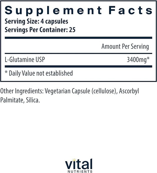 Vital Nutrients Glutamine | 3400mg L-Glutamine | Healthy Gastrointestinal Tract Function | Gluten, Dairy, Soy Free | Non-GMO | 90 Glutamine Capsules