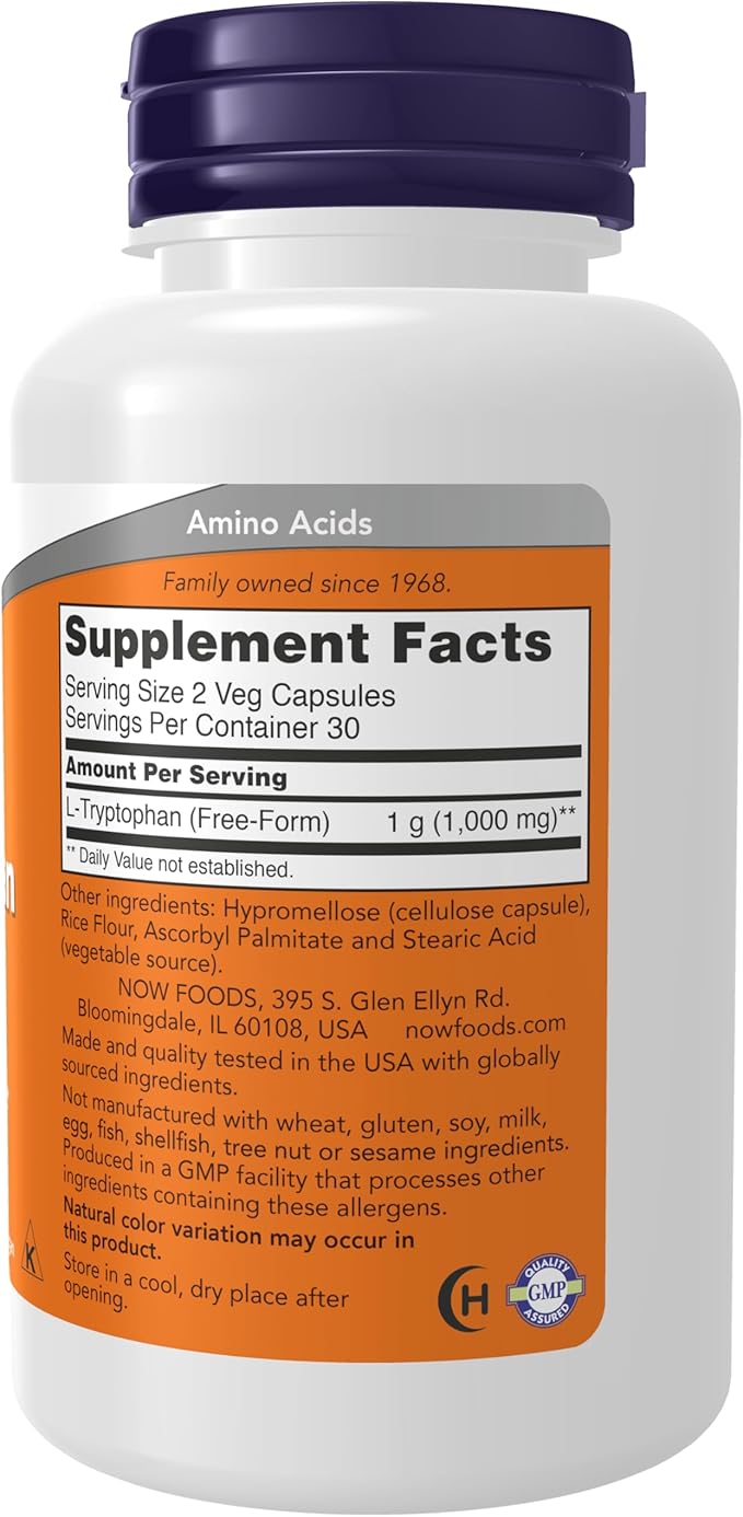 NOW Supplements, L-Tryptophan 500 mg, Encourages 60 Veg