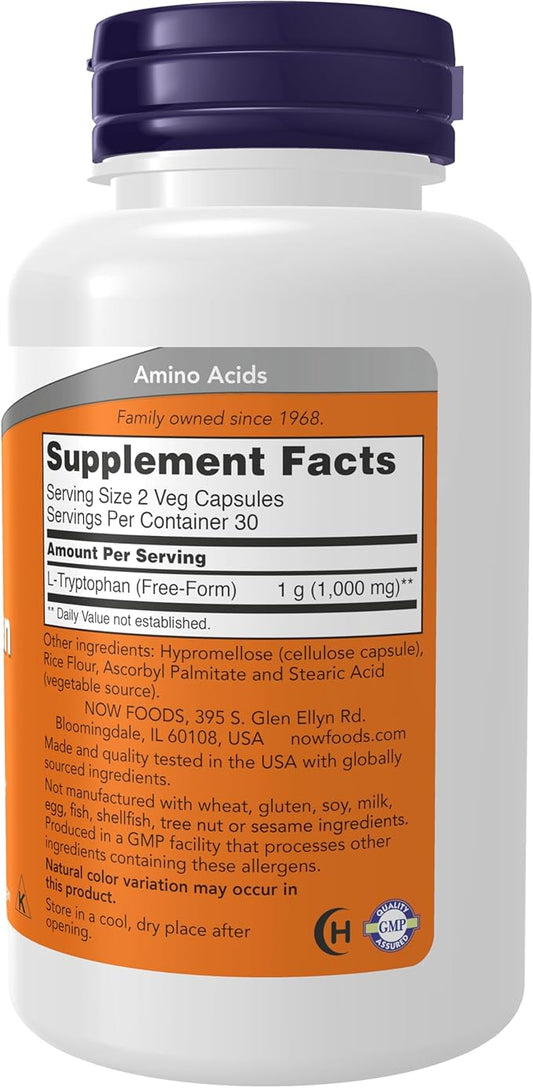 NOW Supplements, L-Tryptophan 500 mg, Encourages 60 Veg