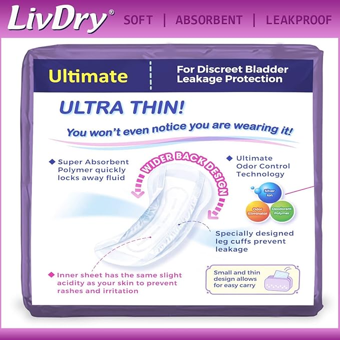 LivDry Incontinence Ultra Thin Pads for Women 60-Count)