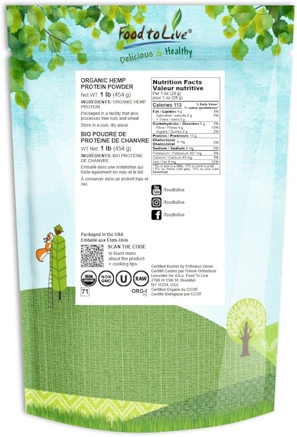 Food to Live Organic Hemp Protein 1 Pound 50% Protein,