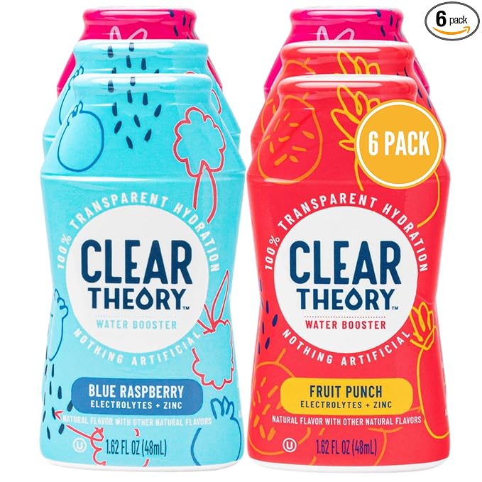 Clear Theory Water Flavoring Drops with Electrolytes, Water Enhancer Liquid Flavored Water Drink Mix, Hydration for Kids, Vegan, Gluten Free, Low Calorie, 6 Pack (Fruit Punch, Blue Raspberry & Watermelon Berry)