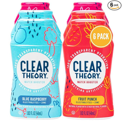 Clear Theory Water Flavoring Drops with Electrolytes, Water Enhancer Liquid Flavored Water Drink Mix, Hydration for Kids, Vegan, Gluten Free, Low Calorie, 6 Pack (Fruit Punch, Blue Raspberry & Watermelon Berry)