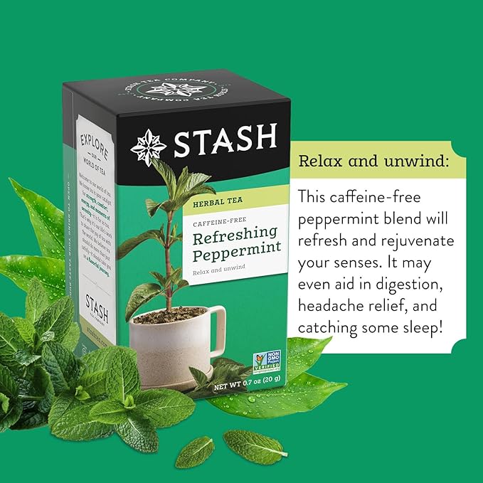 Stash Tea Peppermint Herbal Tea - Naturally Caffeine Free, Non-GMO Project Verified Premium Tea with No Artificial Ingredients, 20 Count (Pack of 6) - 120 Bags Total
