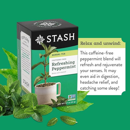 Stash Tea Peppermint Herbal Tea - Naturally Caffeine Free, Non-GMO Project Verified Premium Tea with No Artificial Ingredients, 20 Count (Pack of 6) - 120 Bags Total