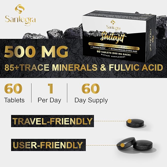 30,000 MG Shilajit Tablets, 100% Shilajit 240 Counts 85+ Trace