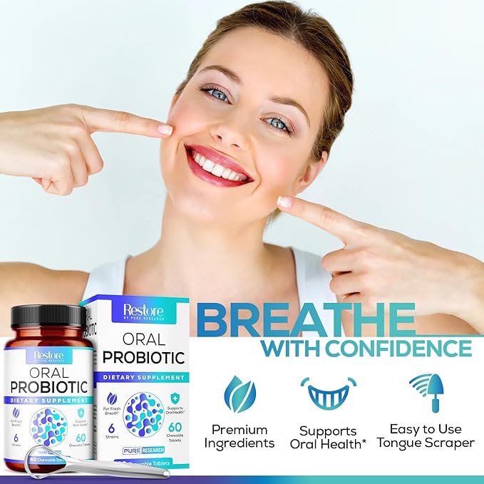 Oral Probiotics & Tongue Scraper 6 Probiotic M18 - 60 Chewable