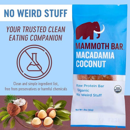 Mammoth Bar Macadamia Coconut Bar - Organic Snack Bar Packed with 10g Protein. Made with Premium Macadamia Nuts & Egg White Protein. Paleo • Gluten Free • GMO Free • Raw