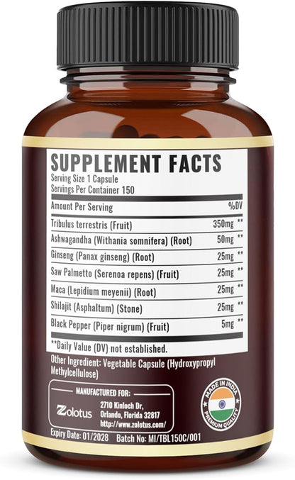 Tribulus Terrestris Supplement for Men & Women, 5-Month Supply with Ashwagandha, Panax Ginseng, Saw Palmetto, Maca, Shilajit, 150 Count