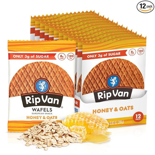 Rip Van Wafels Honey and Oats Stroopwafels, Healthy Snacks, Non-GMO, Keto Friendly, Office Snacks, Low Sugar (3g), Low Calorie, 12 Pack