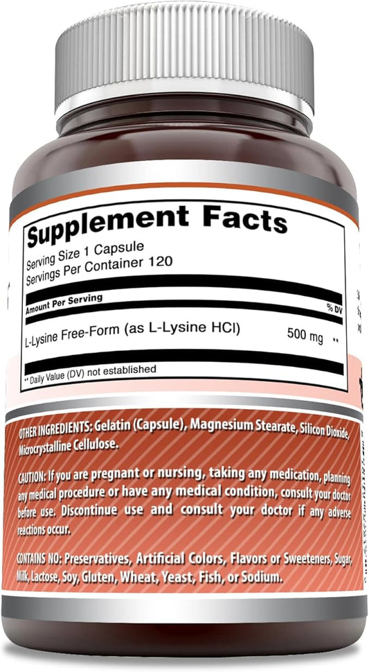 Amazing Formulas L-Lysine 500 mg Capsules Amino Acid Supplement | Non-GMO | Gluten Free | Made in USA (120 Count)