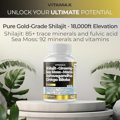 Pure Himalayan Shilajit Supplement 10,000mg Ashwagandha 6,000mg Sea 2,000mg Rhodiola 1000MG Gingko 500mg Trace (60 Count 1))