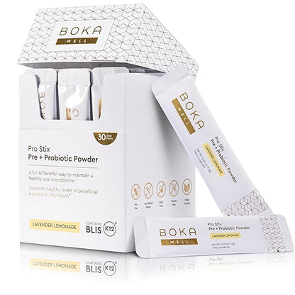 Boka Pro Stix Oral Probiotics for Mouth Bad Breath - 30ct Dental Probiotics Powder, Oral Health Pre + Probiotics for Teeth and Gums, BLIS K12 Oral Probiotic for Healthy Gum Health, Lemonade Lavender