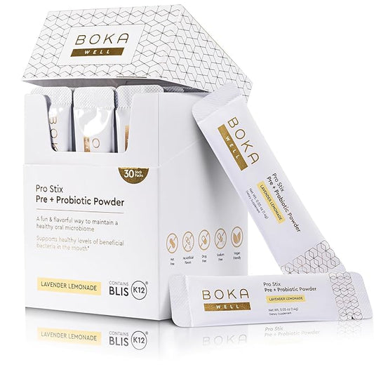 Boka Pro Stix Oral Probiotics for Mouth Bad Breath - 30ct Dental Probiotics Powder, Oral Health Pre + Probiotics for Teeth and Gums, BLIS K12 Oral Probiotic for Healthy Gum Health, Lemonade Lavender
