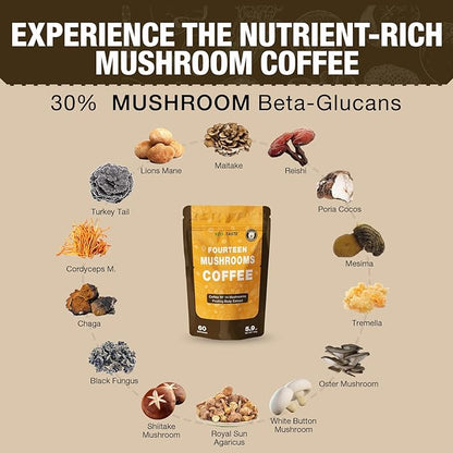 ECO-TASTE Mushrooms Coffee 14 in 1-60 Servings, Arabica Coffee with Lion's Mane, Reishi, Maitake, Turkey Tail, Chaga Fruiting Body Extract, 30% Beta-Glucan for Focus & Gut Health Support, 5.9oz