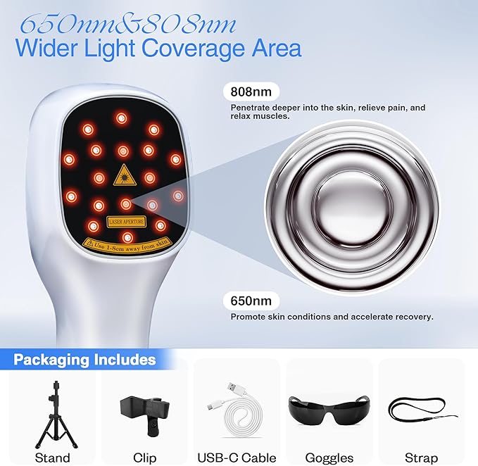 Cold Laser Therapy Device with LED (4x808nm +14X650nm), +14X650nm), Red 8.6×2.1 Inch