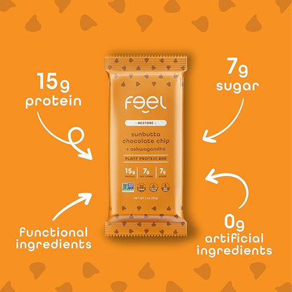Feel Vegan Protein Bars | Sunbutta Chocolate Chip | Keto | Gluten Free | Organic | Ashwagandha | 15g Plant Protein | Low Carb | High Protein | Dairy Free | Low Sugar | Grain Free | Nut Free | Soy Free | Non GMO - (Sunbutta Choco Chip, 10 Pack)