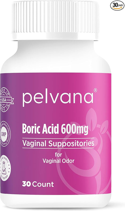 Pelvana Boric Acid Suppositories for Women 30 Count for Vaginal Odor - Third-Party Lab Tested & Made in The USA