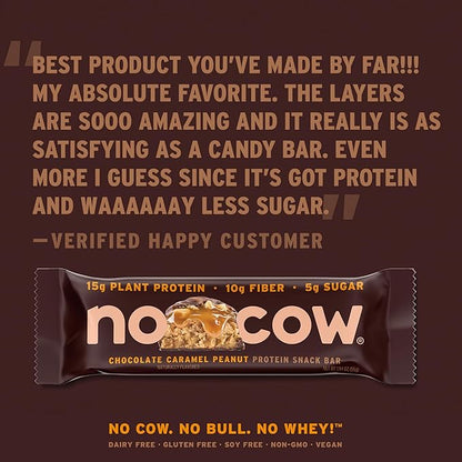 No Cow Vegan Protein Snack Bar Variety Pack, High Protein & 10g Fiber, Low Sugar, Gluten-Free, Dairy-Free, For On-the-Go Nutrition & Post-Workout (Cookies ‘n Cream, Chocolate Caramel Peanut, 6 Count)