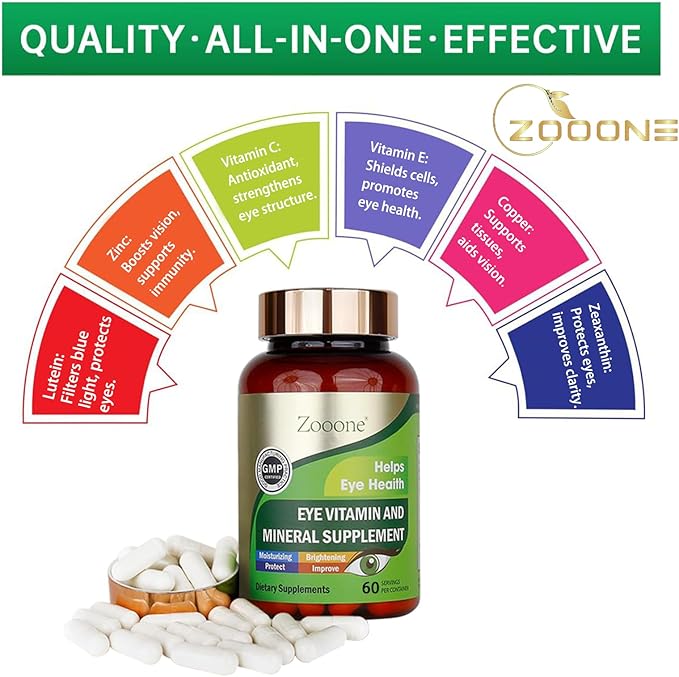 zooone- 60pcs Lutein Eye Vitamins Supplement Nutritional Supplement for Macular Health & Dry Eye Support, Contains Lutein, Zinc, Vitamins C/E & Zeaxanthin