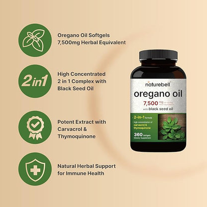NatureBell Oregano Oil 7,500mg with Black 360 Softgels 360-day Supply