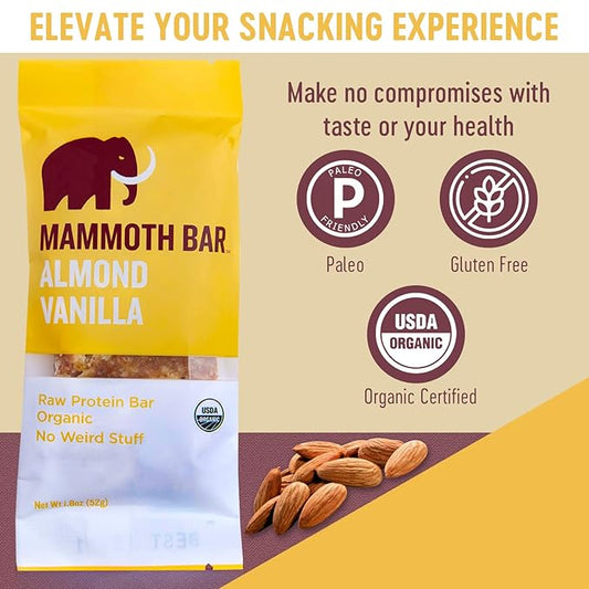 Mammoth Bar Almond Vanilla Bar - Organic Snack Bar Packed with 10g Protein. Made with Premium Almond, Dates & Egg White Protein. Paleo • Gluten Free • Raw