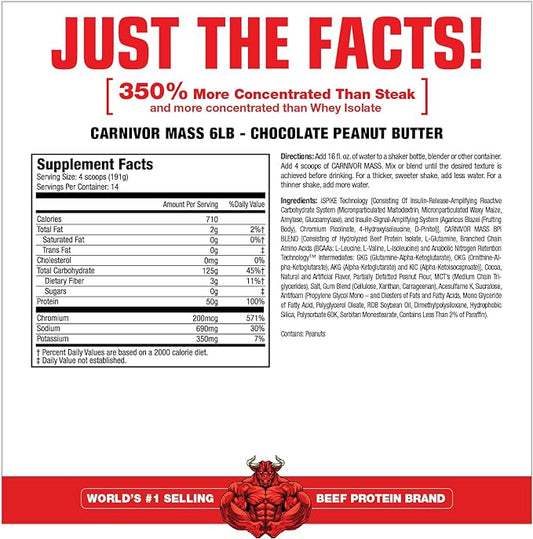 MuscleMeds CARNIVOR Mass Gainer Beef Protein Isolate Shake, 50 Grams Protein, 125 Grams Carbs, 0 Fat, 0 Sugar, Lactose Free, Halal Certified, Chocolate Peanut Butter, 6 Pound