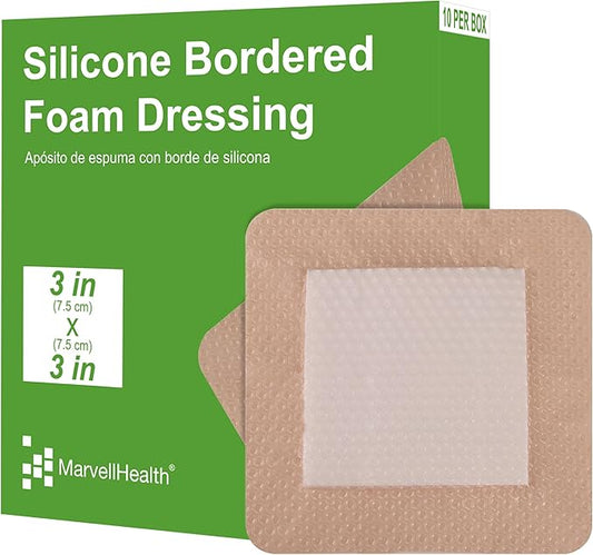 Silicone Bordered Foam Dressing 3" x 3", Pack 10 Individual